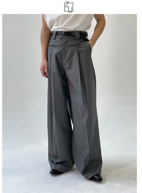 ZINGUP灰色高腰垂感直筒休闲裤男秋季宽松拖地长裤西装裤阔腿裤子