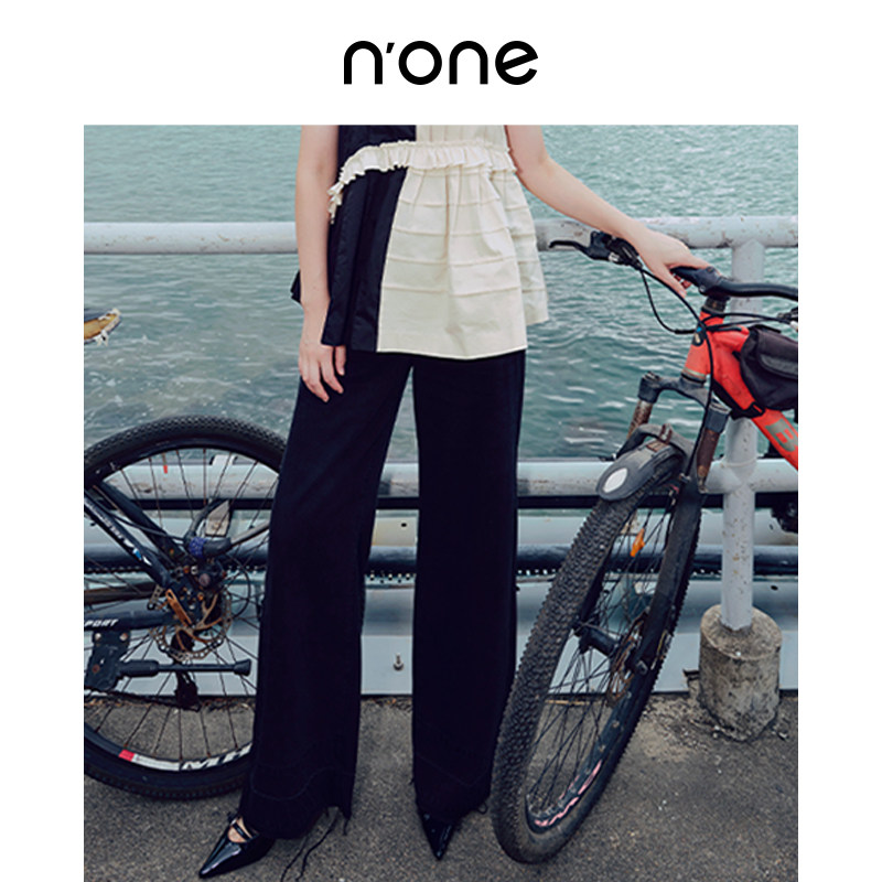 none 新款系带双腰头黑色牛仔裤女夏季薄款裤子女