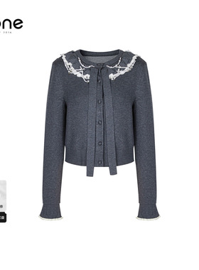 none 灰色针织衫上衣女2025冬季新款巨好看的钉珠刺绣飘带开衫