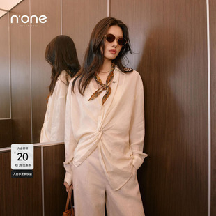 新款 女2026春季 扭结设计宽松气质通勤上衣 简约休闲亚麻衬衫 none