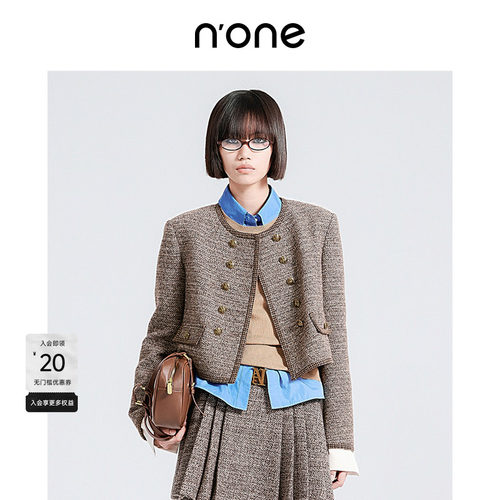 none茶棕色毛呢镶边小香风外套