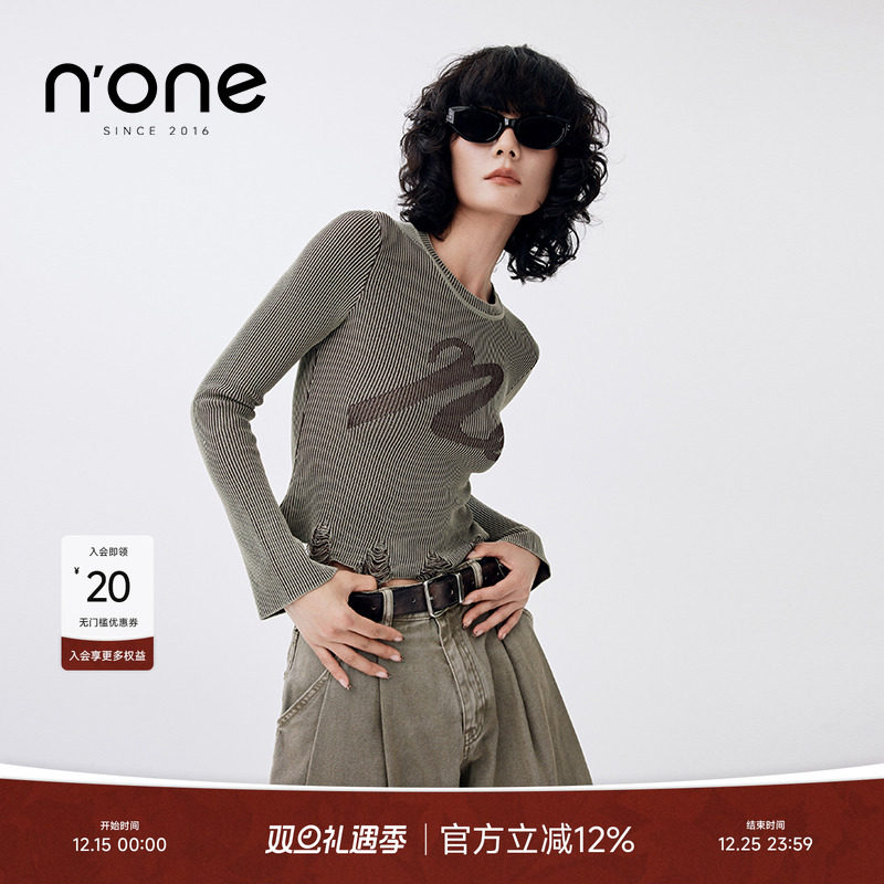 none正肩螺纹修身拉破做工毛衣