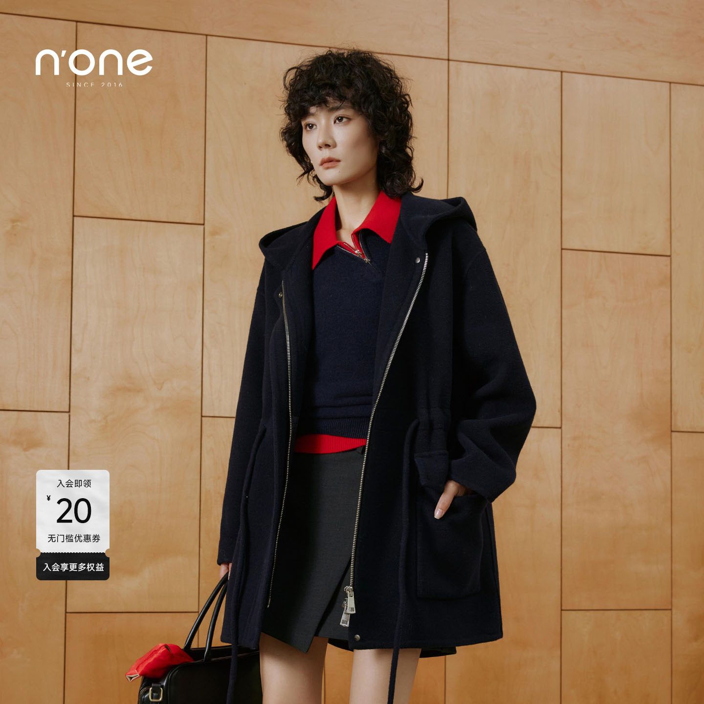 none中长款连帽收腰双面呢大衣