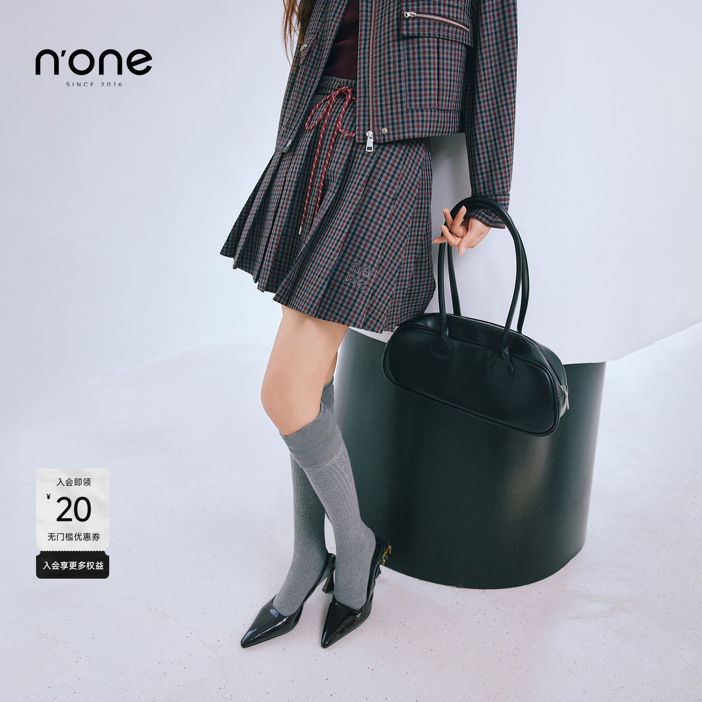 none气质暗红格纹半身百褶短裙