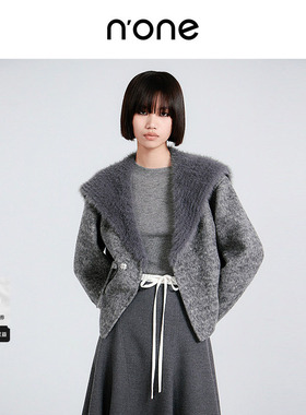 none 冬季新款海军领双面呢短款外套女盘扣门襟灰色女款外套