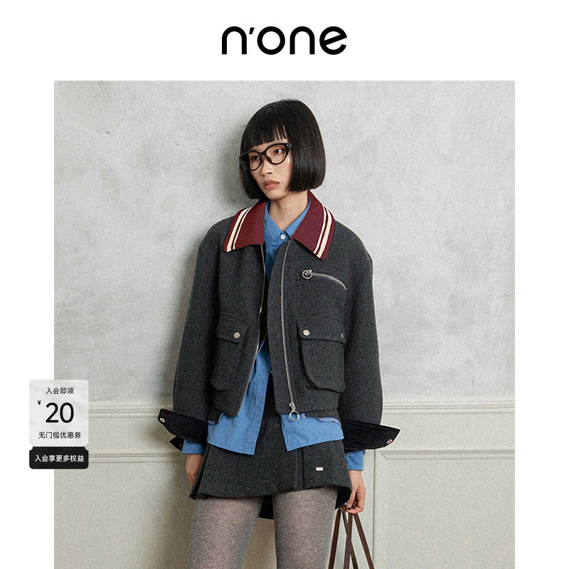 none学院撞色罗纹领绵羊毛呢外套