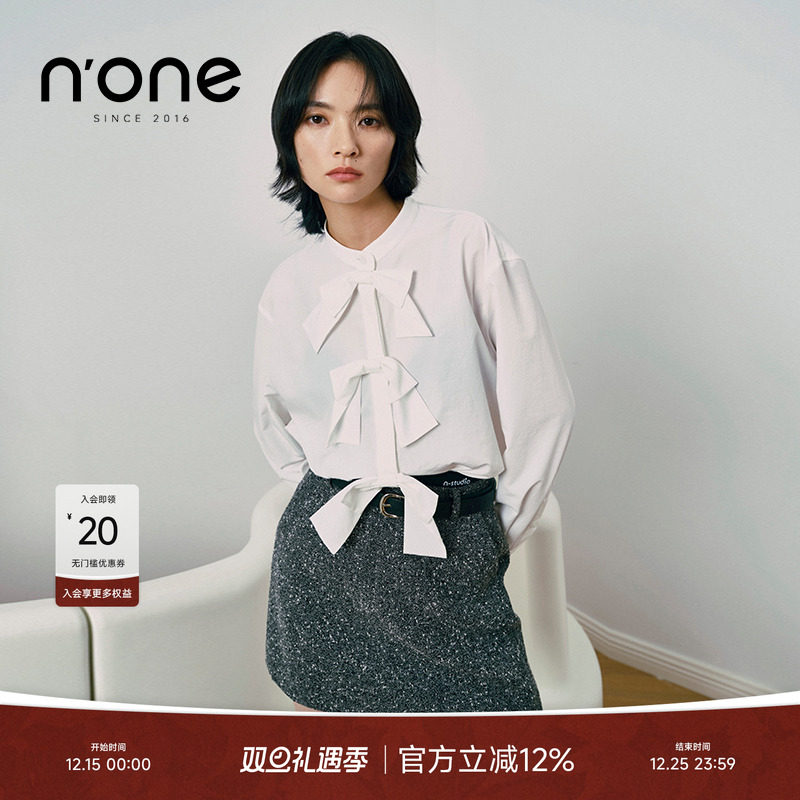 none小立领蝴蝶结绑带时髦衬衫