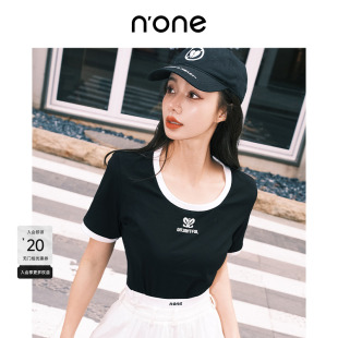 简约上衣女 none 新款 大圆领撞色短袖 女t恤夏修身