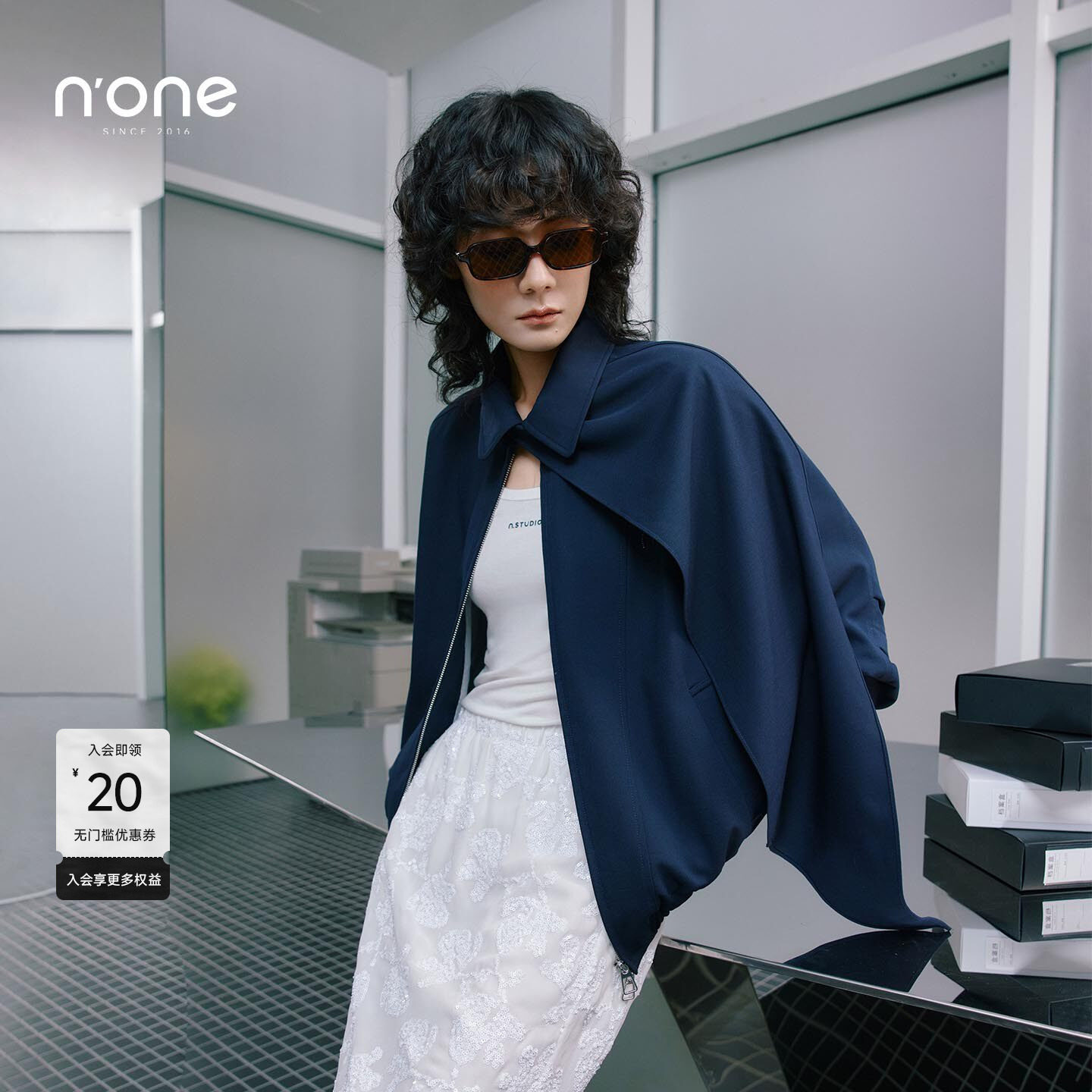 none 不对称披肩翻领夹克女2026春季新款深蓝色小众解构通勤外套