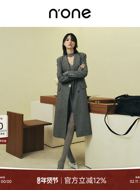 none 冬季新款静奢风含绵羊毛长款灰色双面呢西装毛呢外套女