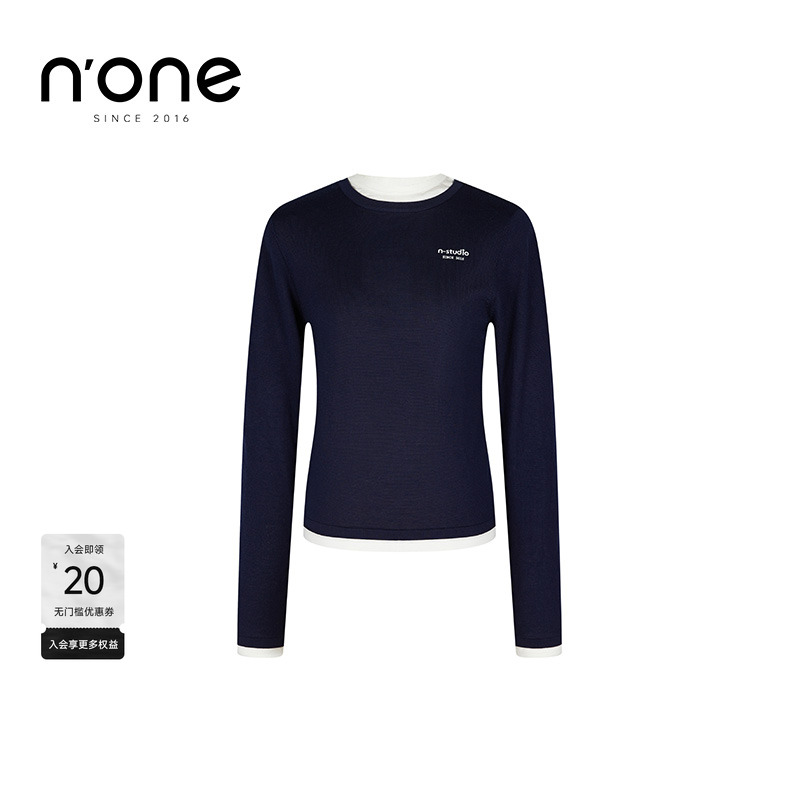 none撞色圆领假两件视觉毛衣开衫