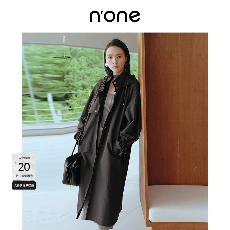 none廓形灯笼袖立领连帽长款风衣