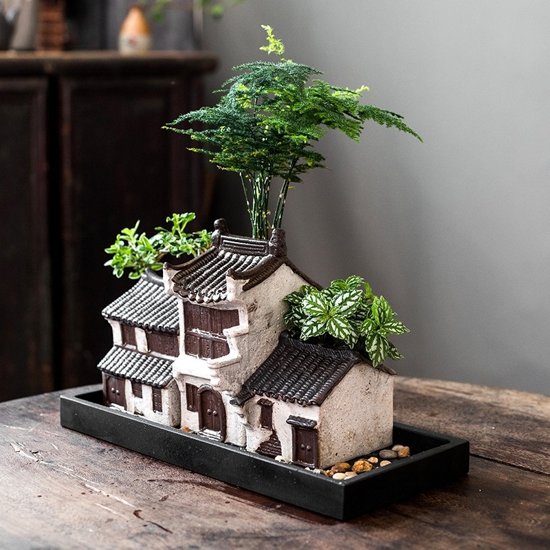 上水石吸水石假山盆景陶瓷茅屋房屋竹楼 微景观多肉装饰陶瓷摆件
