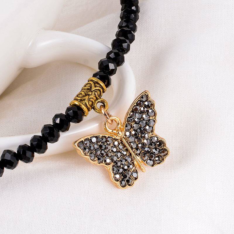 气质蝴蝶吊坠颈链时尚黑尖晶石14k包金水晶项链choker黑色锁骨链