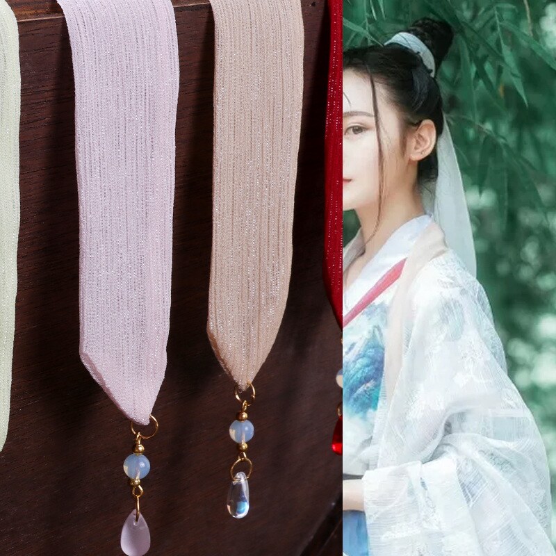 diy饰超长发带雪纺丝古风女汉服束发飘带金神明少女发红色蝴蝶结
