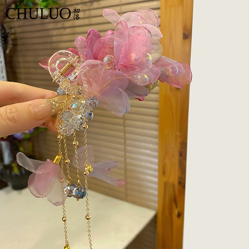 CL340新中式网纱花朵流苏抓夹轻奢水晶后脑勺盘发高级感半扎头饰