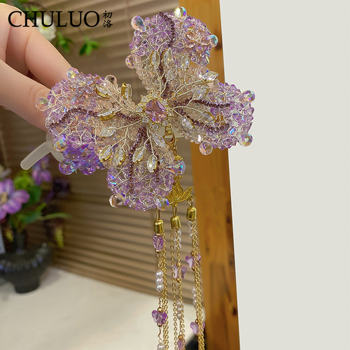 CL482轻奢手工水晶花朵扭扭夹新中式手工流苏后脑勺盘发头饰发饰