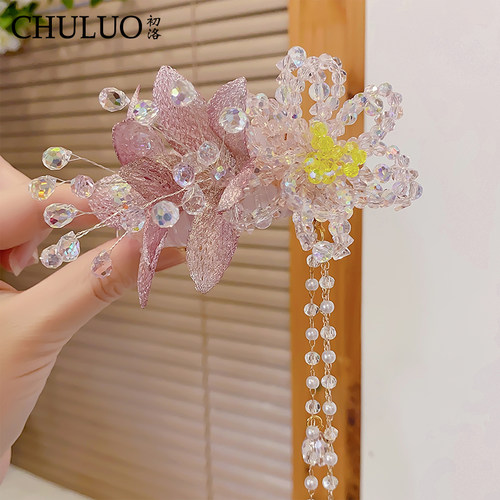 CL291新中式水晶花朵马尾扣高级感手工流苏后脑勺马尾发饰头饰女