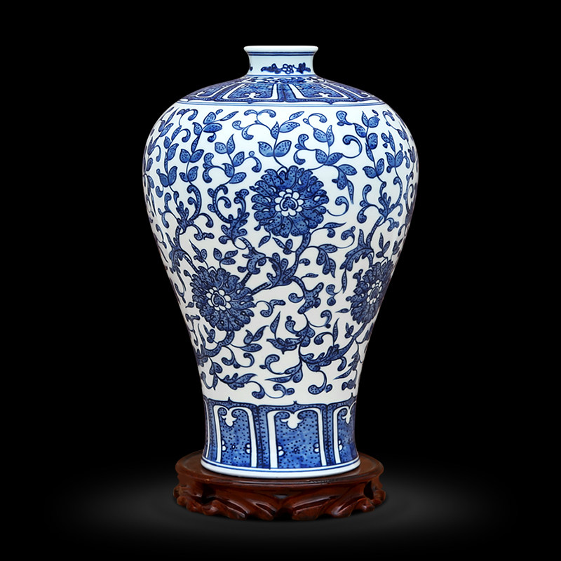 景德镇陶瓷花瓶手绘青花瓷万寿藤仿古青花缠枝花纹梅瓶装饰摆件