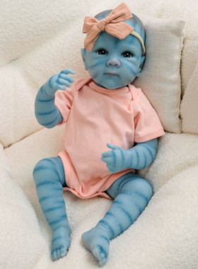 仿真娃娃19英寸睁眼手绘头发科技感阿凡达皮肤杏粉色哈衣蝴蝶结