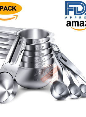 亚马逊不锈钢14件套量勺调味勺带刻度计量杯烘焙食品级计量匙FDA