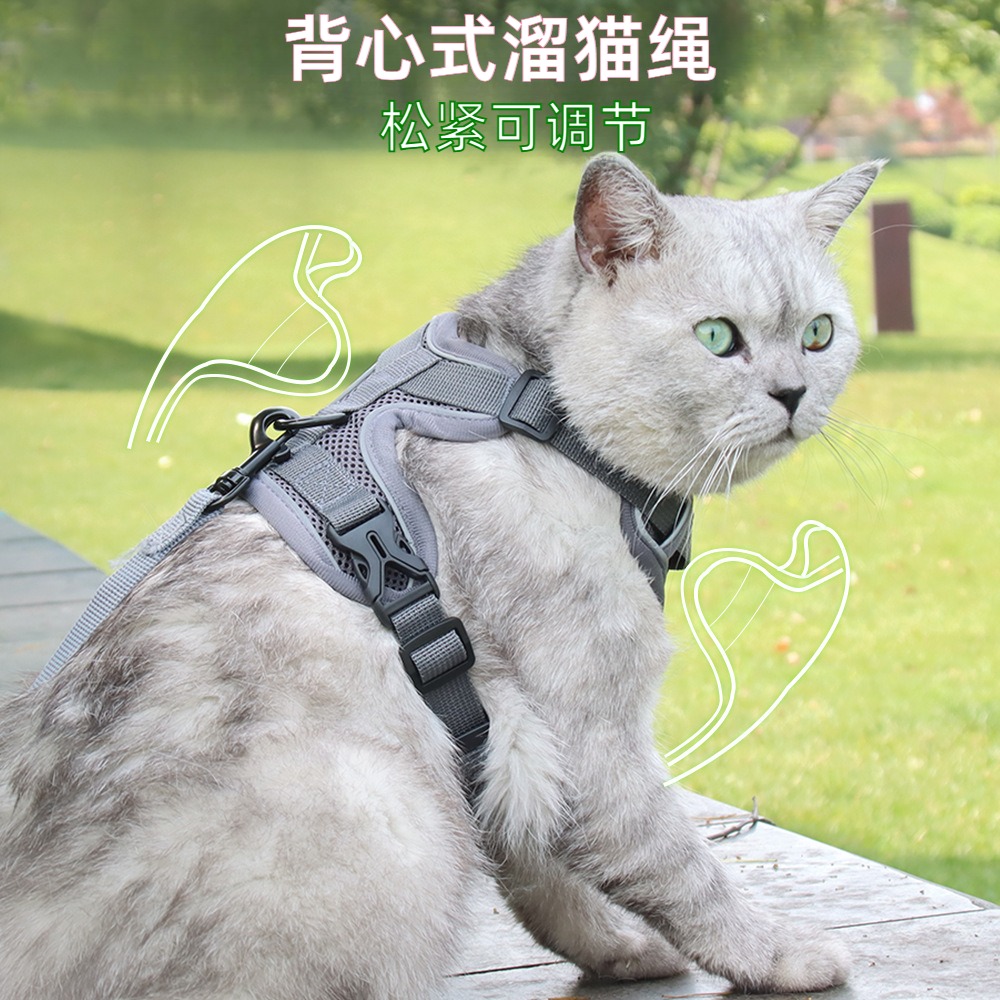 遛猫绳背心式可调节款新款猫咪牵引绳背心式宠物胸背带反光透气防