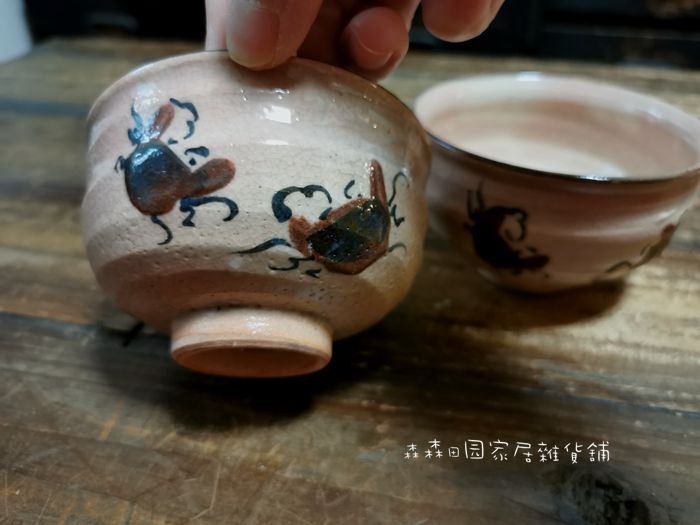 日本回流茶道具大正时期清水烧名工小春花作彩绘螃蟹茶碗主人杯