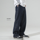 复古重磅原色丹宁休闲原牛长裤 豪霆.素色宽松直筒阔腿牛仔裤 男士