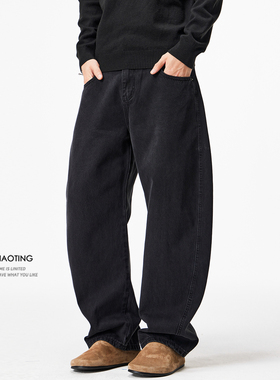 豪霆.黑武士弯刀牛仔裤男士秋冬季经典纯黑宽松阔腿镰刀裤拖地裤