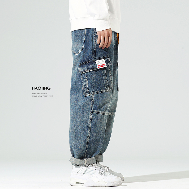 豪霆 cityboy工装牛仔裤男宽松潮牌多口袋直筒九分裤复古大码裤子