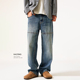 春秋拼接cleanfit水洗重磅休闲阔腿长裤 豪霆.宽松直筒牛仔裤 男士