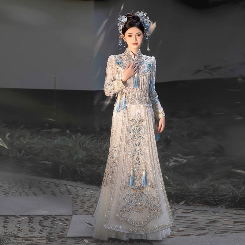 蓝色秀禾服婚服高端夏季薄款新娘结婚浅色嫁衣新中式婚纱夏天夏款图片