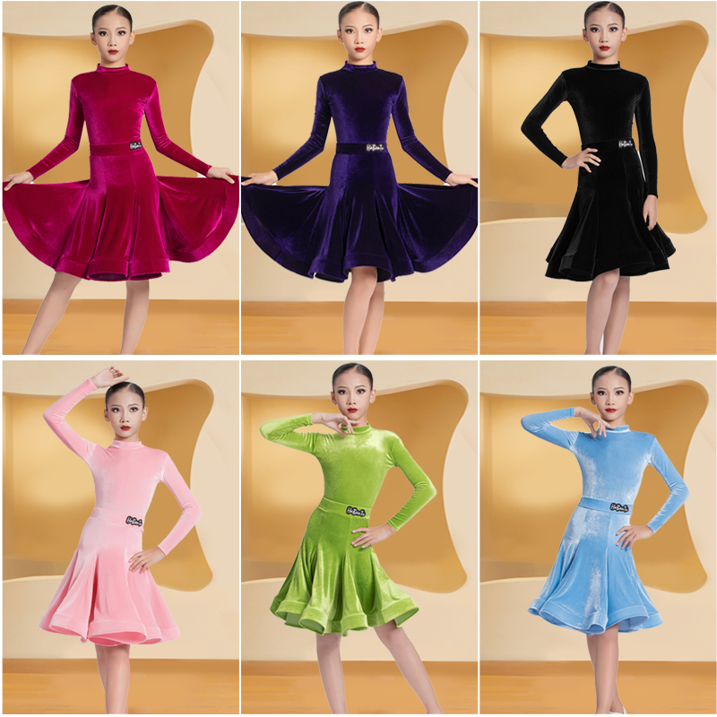 儿童拉丁舞服秋冬丝绒练功服丝绒分体套装女童国标舞考级规定赛服