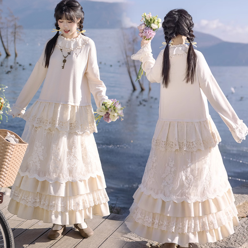 白色蕾丝高腰显瘦小个子汉服套装