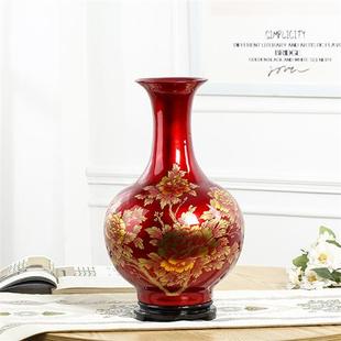 饰品现代工艺品玄关客厅 景德镇陶瓷器水晶釉中国红花瓶中式 家居装