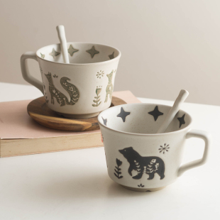 泥可尔 狐狸与玫瑰手绘马克杯子中古设计感大容量咖啡杯陶瓷套装