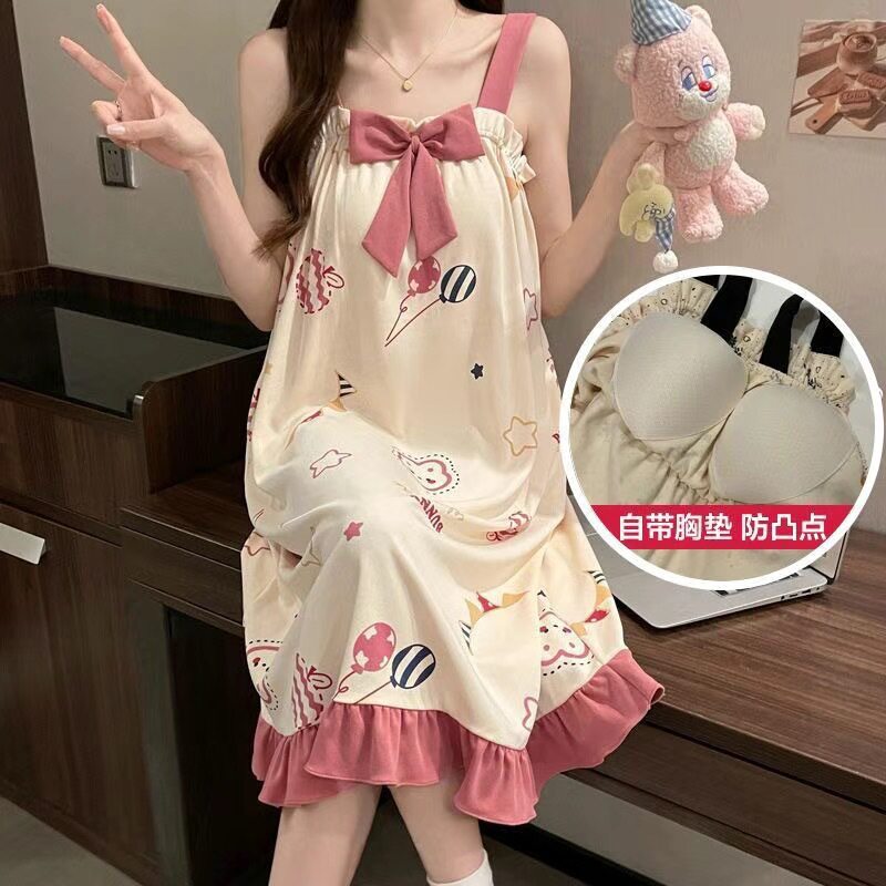 带胸垫无袖吊带睡裙女夏纯棉甜美