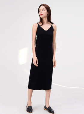 基本主义 日本三醋酸 圆领V领两穿吊带裙中长款无袖连衣裙L181036