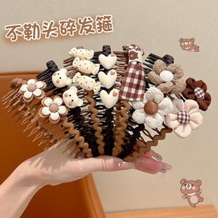 儿童碎发花朵发箍秋冬新款 奶咖色带齿防滑头箍女童不勒头发捆头饰