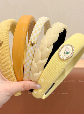 儿童黄色格纹发箍女孩百搭外出海绵发卡宽边头饰2025新款压发发卡