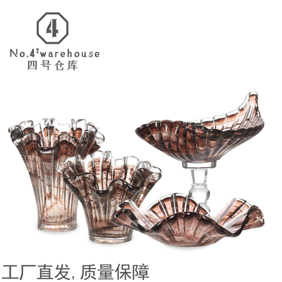 法式轻奢粉色花瓣琉璃花器果盘样板间客餐厅玄关插花软装饰品摆件