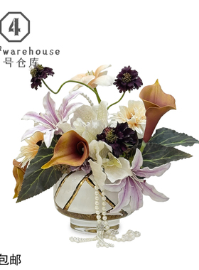 轻奢高级感永生花马蹄莲菊花仿真花艺软装摆件白色金箔水晶底花器