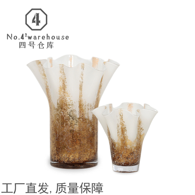 中古老钱风高级金箔花口琉璃花器样板间客餐厅玄关桌面软装饰摆件