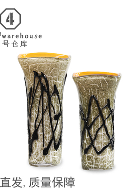 简约现代绿色裂纹乱丝方口手工琉璃花瓶样板间客餐厅玄关软装摆件