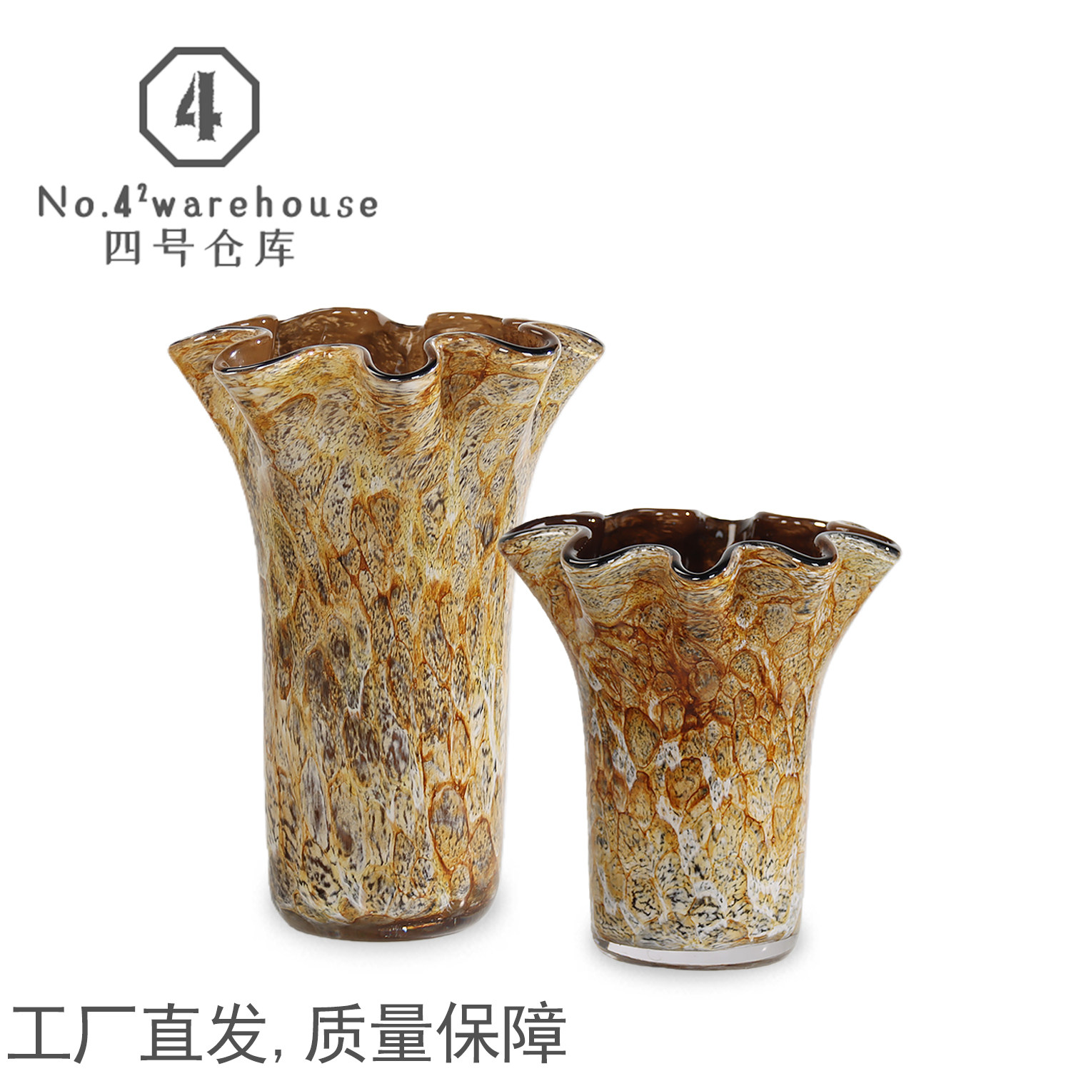 欧式轻奢黄色纹理手工花口琉璃花瓶样板间客厅玄关插花软装饰摆件