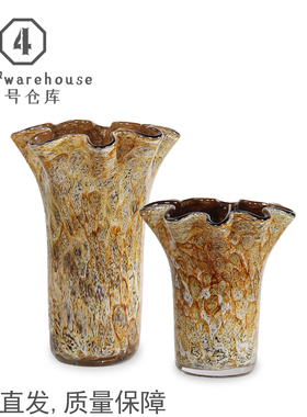 欧式轻奢黄色纹理手工花口琉璃花瓶样板间客厅玄关插花软装饰摆件