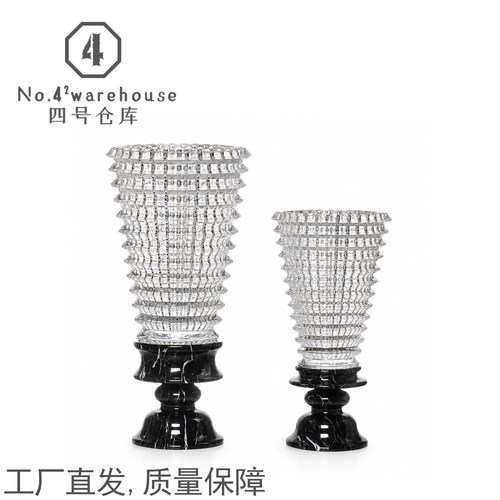 欧式轻奢高级感石材底座水晶玻璃花瓶别墅样板间玄关插花软装摆件