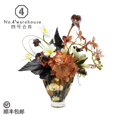 欧式轻奢仿真红掌大丽花艺组合样板间软装摆件金箔水晶底琉璃花器