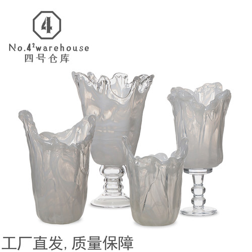 现代简约中古白色高脚琉璃花瓶样板间客餐厅玄关插花软装饰品摆件