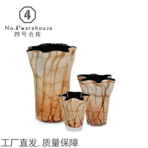 简约棕色条纹花瓣口手工琉璃花瓶样板间客餐厅玄关插花软装饰摆件